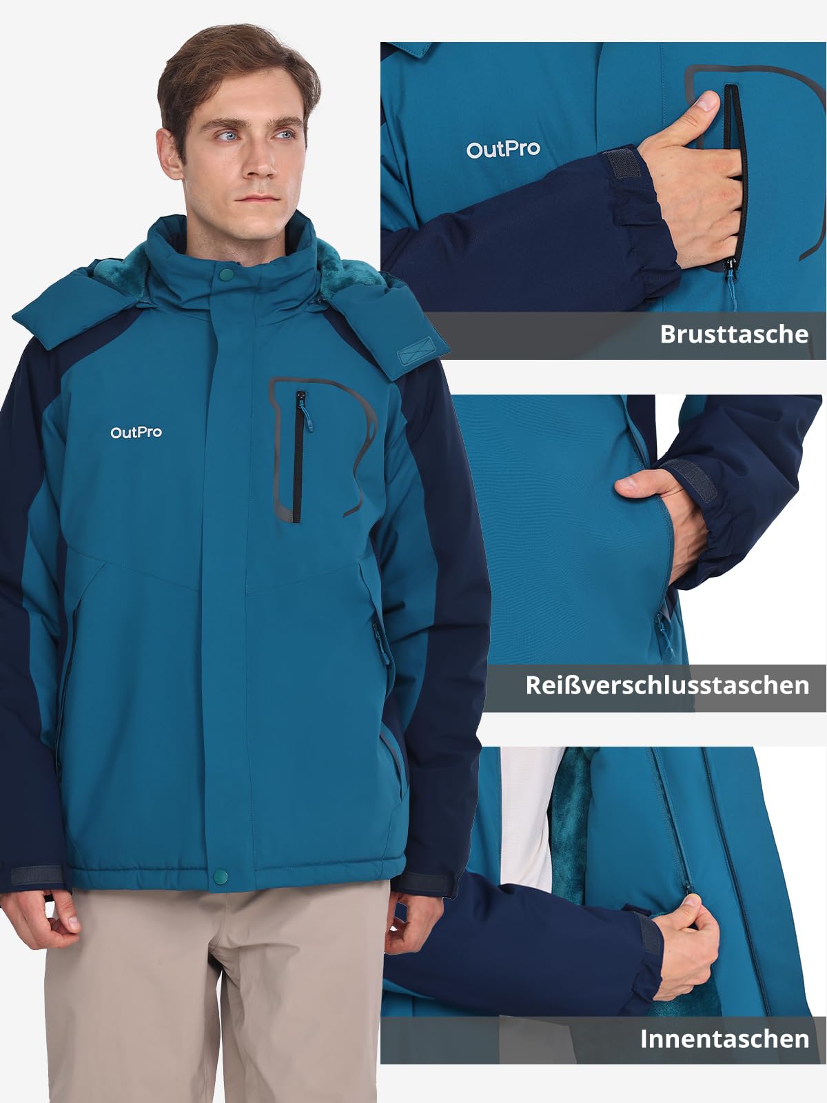 OutPro Herren Skijacke Wasserdicht Winter Schneemantel Winddicht Warm Fleecefutter Kapuzenparka Regenjacke