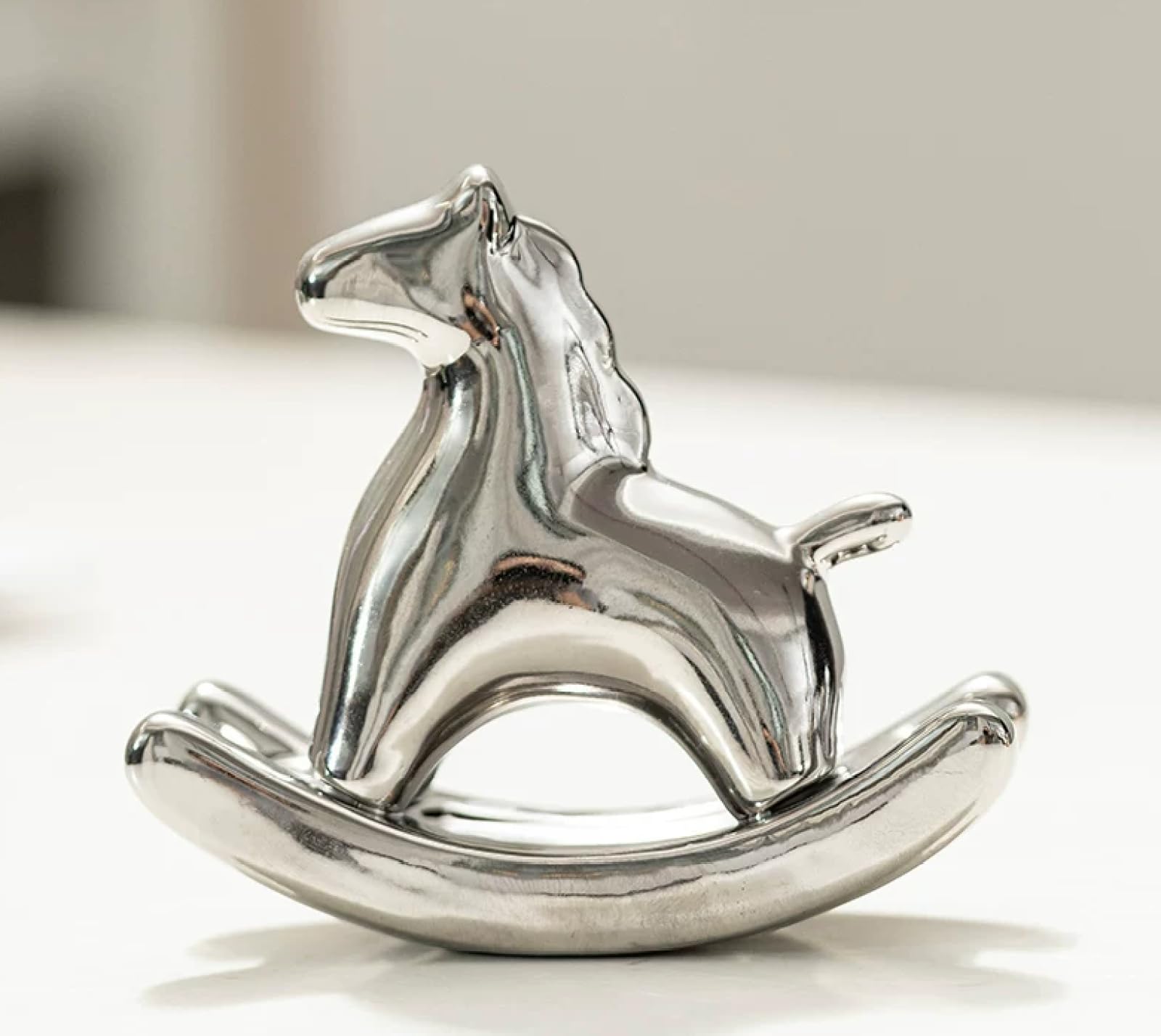 DECRZPB Ceramic Ornament Silver rocking horse Figurine Animal Handcrafted Sculpture Arts Home Office Desktop Decor Gift