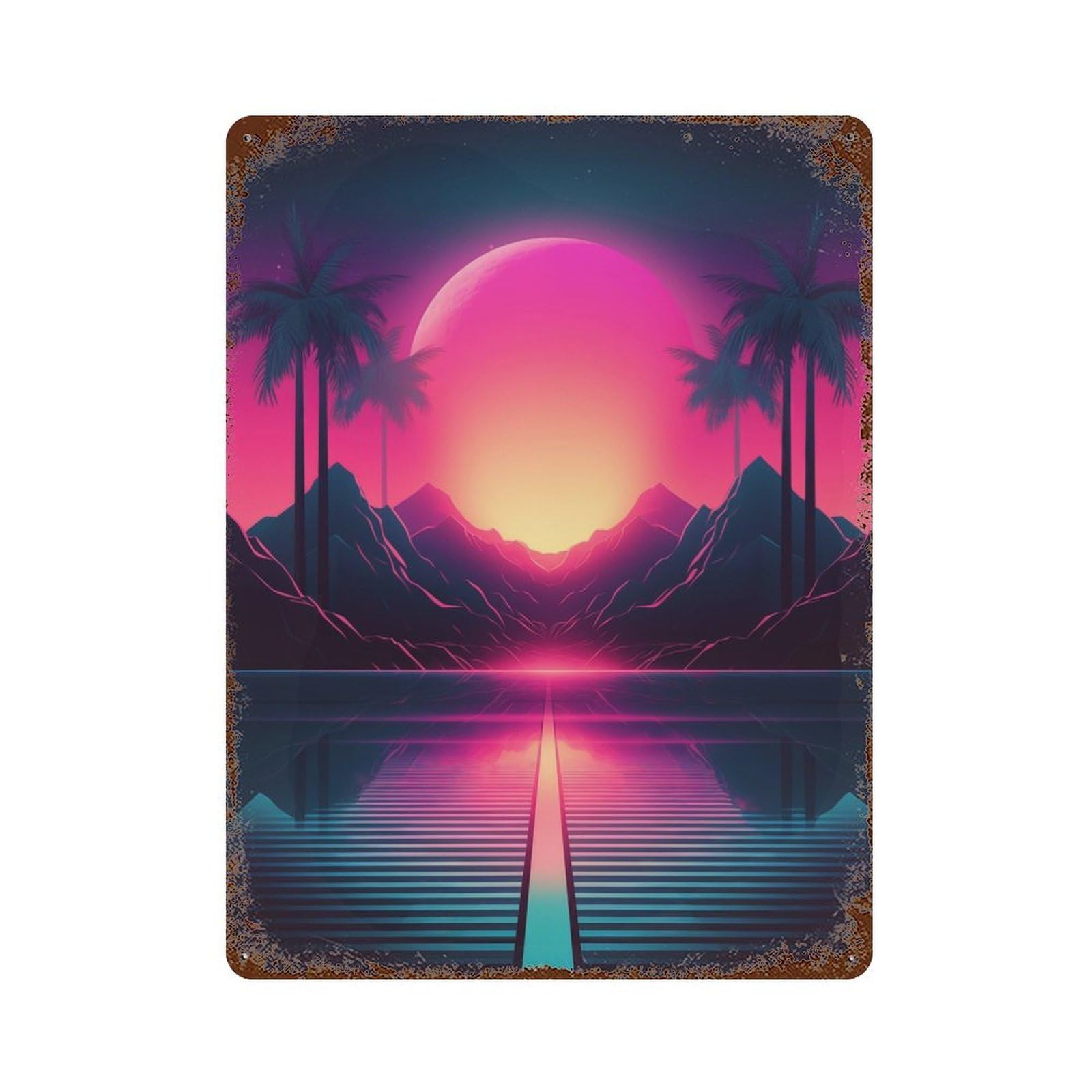 Tropical Synthwave Scenery Decorative Tin Sign 15.7"x11.8", for Bistro, Counter And Cafe Decor, Novelty Wall Decor