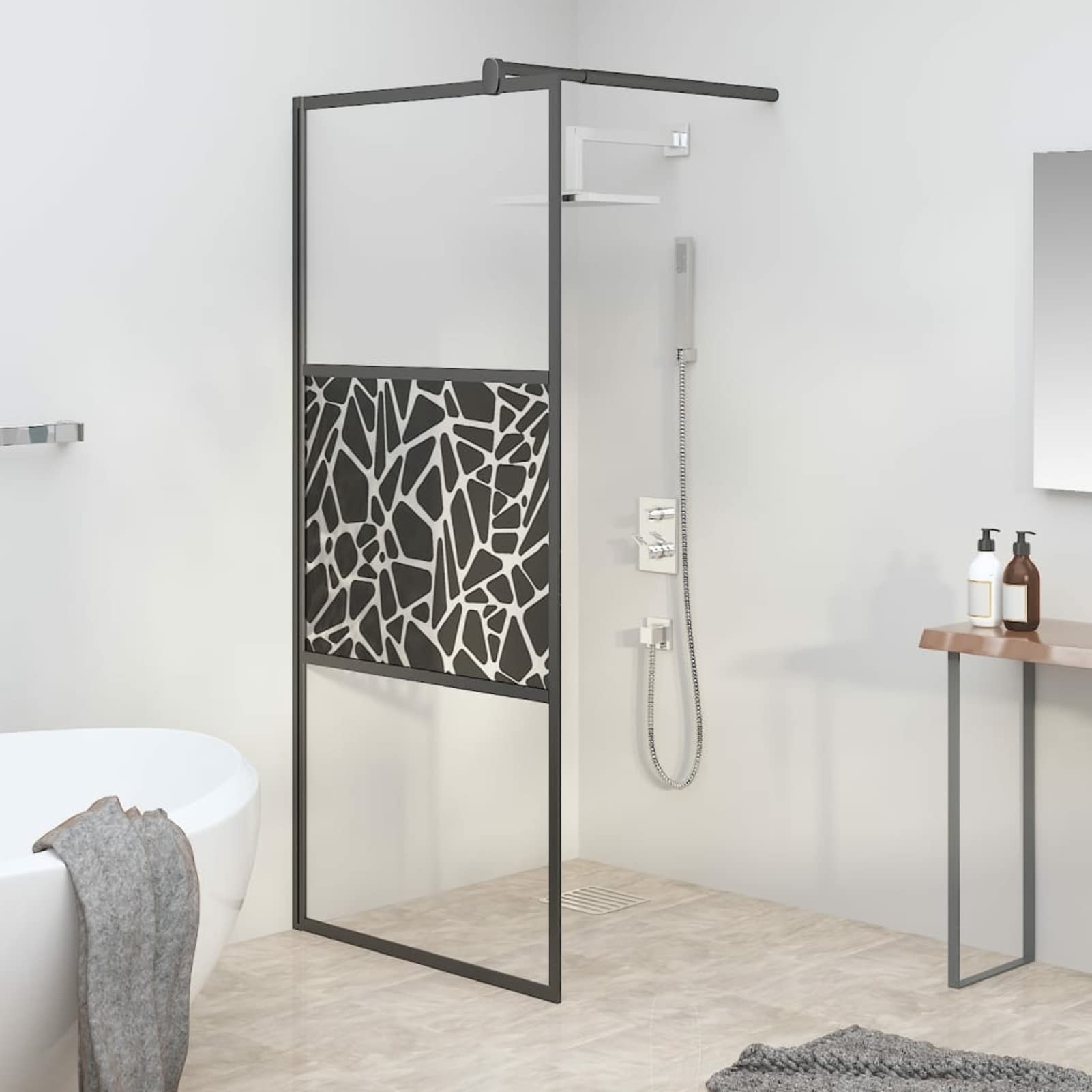 ZEYUAN Mampara Ducha Vidrio Esmerilado diseño Piedras Negro 90x195 cm, Mampara Bañera, Mampara Baño Ducha, Cabina De Ducha, Mampara Baño