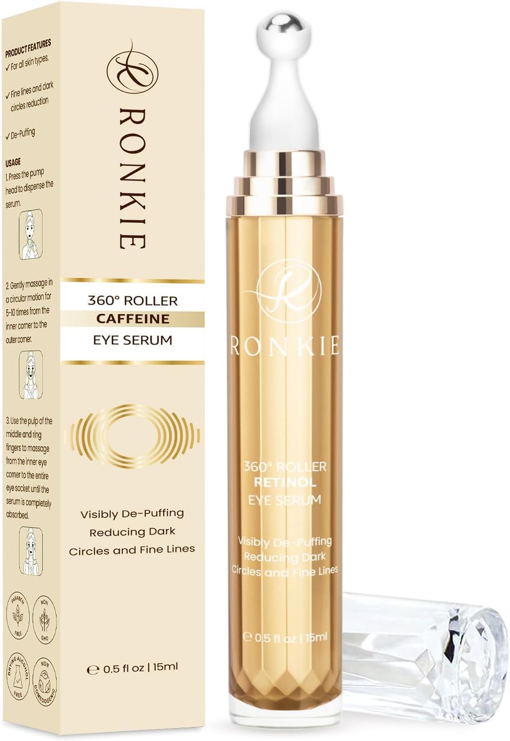 RONKIE Eye Cream for Dark Circles: Under Eye Cream with Caffeine Retinol - Reduces Under Eye Bags and Fine Lines Gold