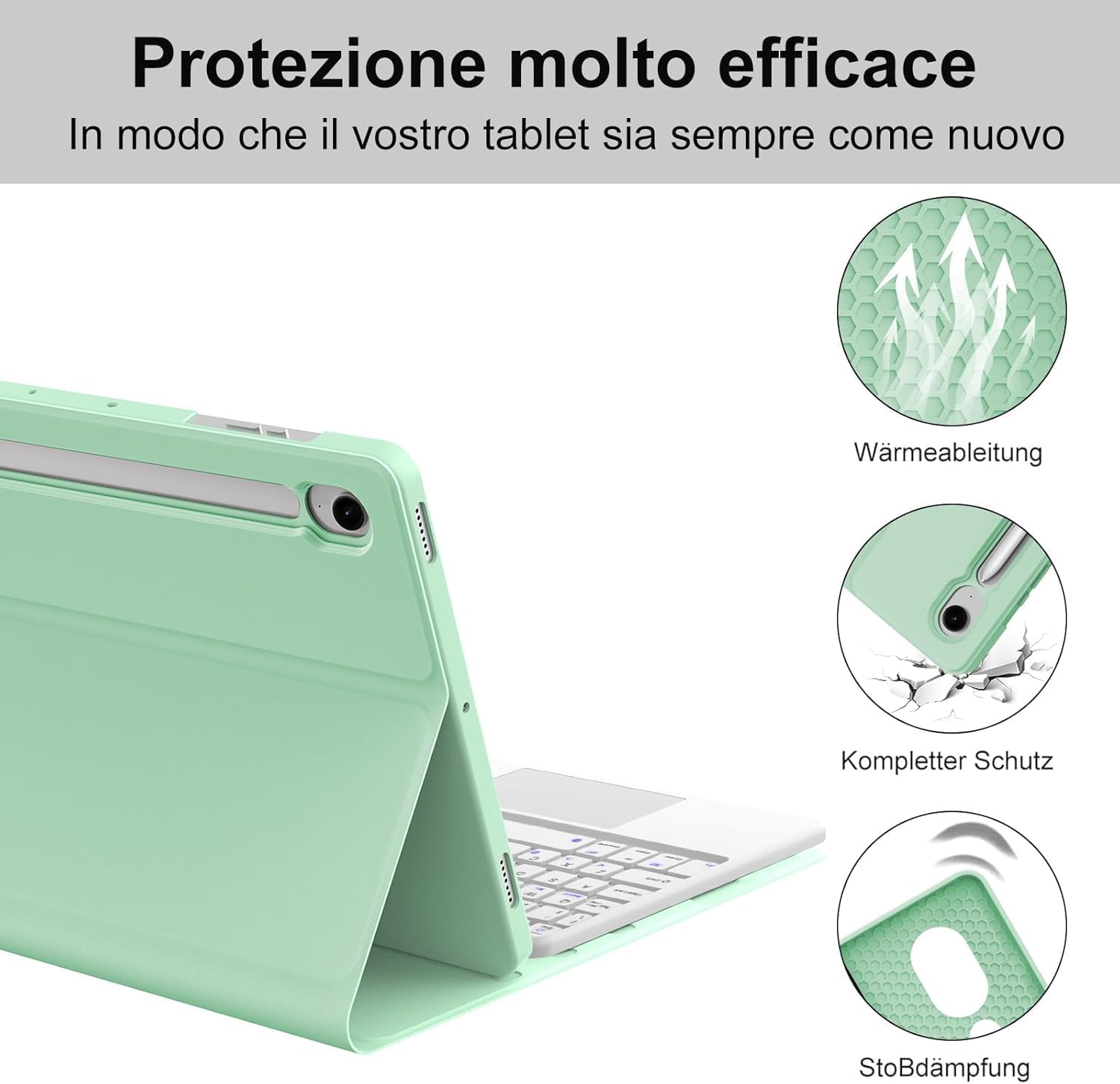Occtingkind Custodia Tastiera con Trackpad per Samsung Galaxy Tab S10 FE/S9 FE/S9 10,9"/11"– Cover Tastiera Bluetooth Italiano USB-C per S10 FE 2025/S9 FE/S9 2023, Senza Retroilluminazione, Verde