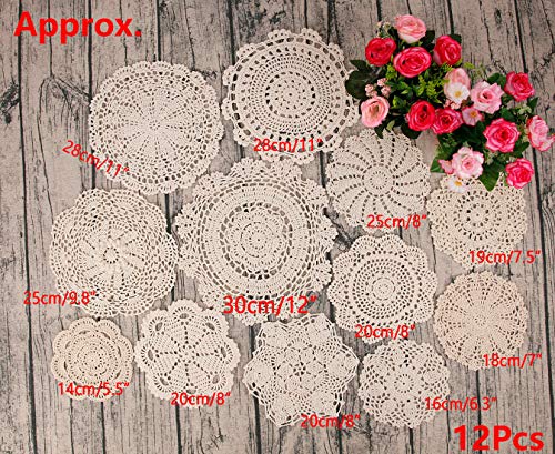 YINGYOU 12Pcs Hand Crochet Doilies Round Beige Vintage Wedding Tea Party 5-12 inches(Beige)