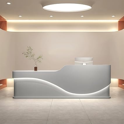 L-Shaped Reception Desk - Modern Reception Desk, Retail Counter and Checkout Desks with Storage Counter and Concealed LED Lighting. No Assembly Required, for Offices, Shopping Malls or Beauty Salons