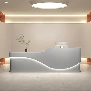 L-Shaped Reception Desk - Modern Reception Desk, Retail Counter and Checkout Desks with Storage Counter and Concealed LED Lighting. No Assembly Required, for Offices, Shopping Malls or Beauty Salons