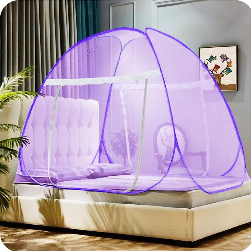 Double Bed Mosquito Net | King Size Foldable Machardani | 30GSM Polyester Fabric Net with Steel Frames Doubell Bed (Full Purple) 3