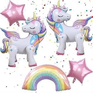 5 Pcs Self Standing Unicorn Balloons - 3D Rainbow and Star Foil Balloons...