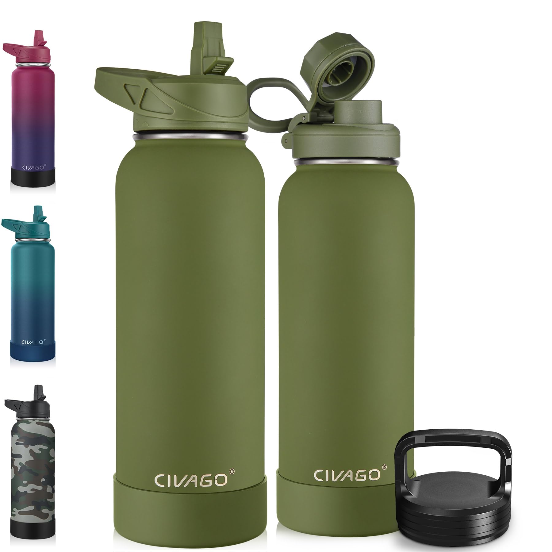 CIVAGO 40 oz Insulated Stainless Steel Water Bottle With Straw and 3 Lids | Large Metal Sports Water Jug Leakproof Reusable Wide Mouth Thermal Flask Cup with Silicone Boot, BPA-Free, Army Green