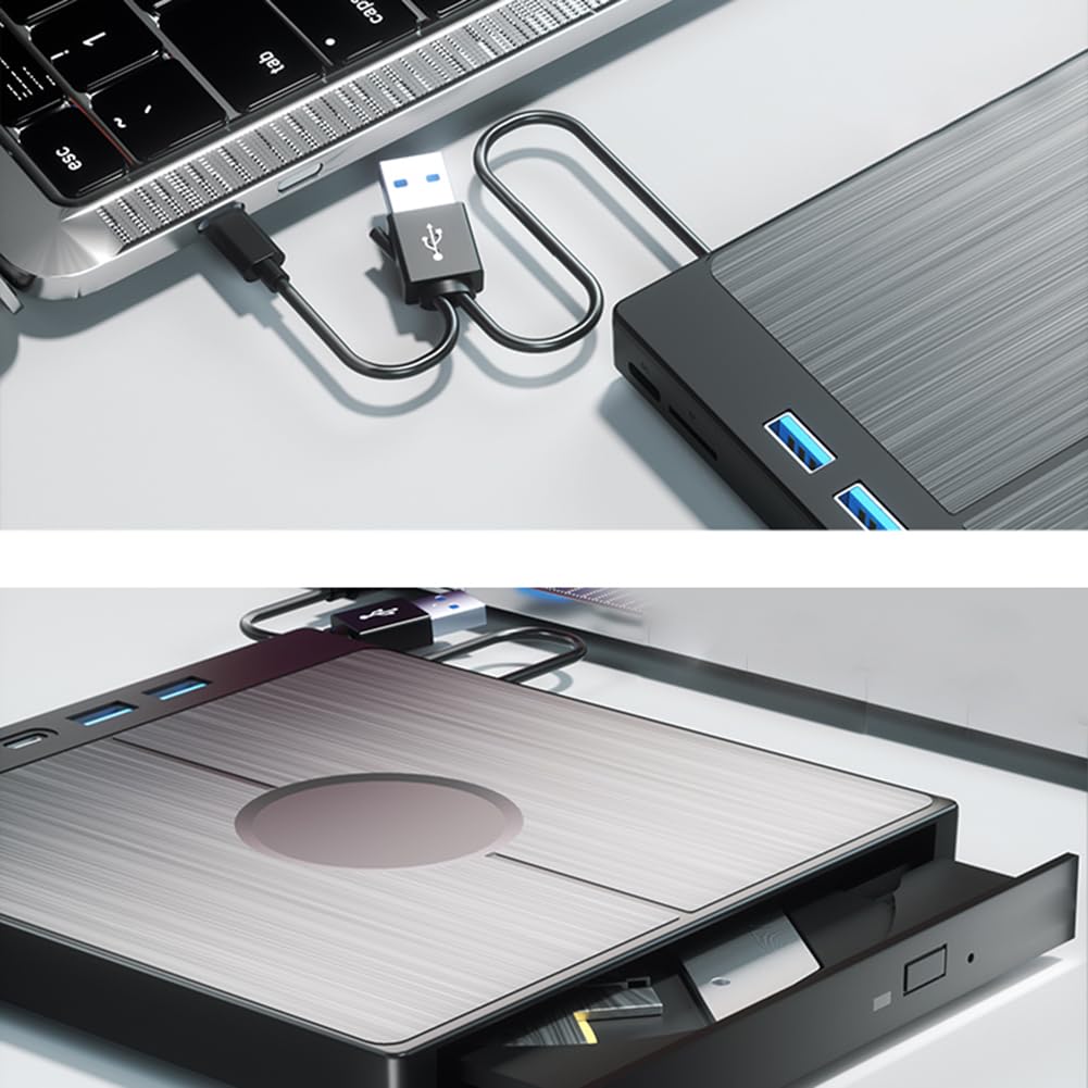 Unidad de CD/DVD Externa portátil con Doble USB/Tipo C, Ranuras SD/TF, Transferencia de Datos de Alta Velocidad para PC