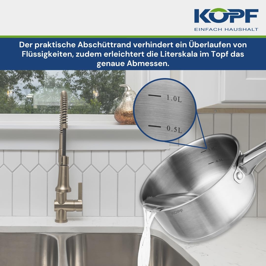 KOPF Topfset Induktion Clara 8-teiliges Kochtopf Set mit Edelstahl Töpfe | Backofen & Spülmaschinen geeignet | Topf Set für alle Herdarten | 4 Kochtöpfe, 1 Stielkasserolle, 3 Glasdeckel | Literskala