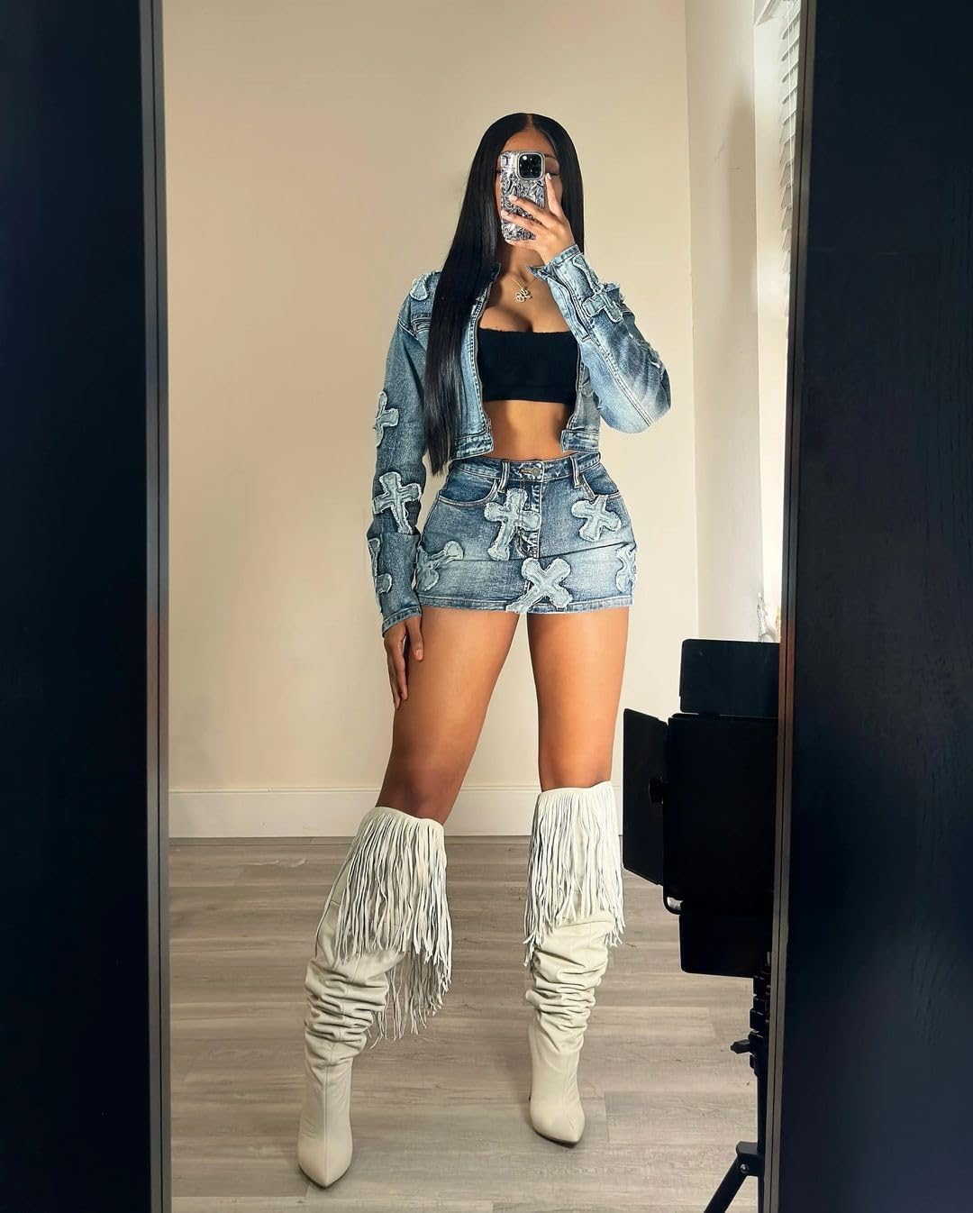 Vssjavun Women 2 Piece Denim Outfit Sexy Long Sleeve Zip Up Jean Jacket Bodycon Mini Skirt Sets - Image 3