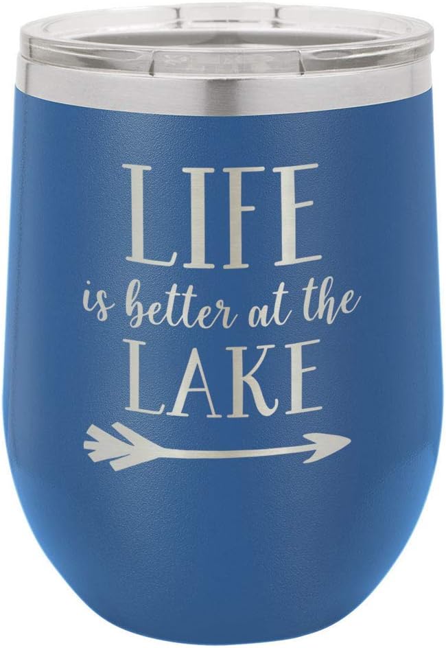 LIFE IS BETTER AT THE LAKE Blue 12 oz Stemless Wine Glass With Lid | Custom Engraved With Funny Quotes and Sayings | Stainless Steel Wine Tumbler | OnlyGifts.com