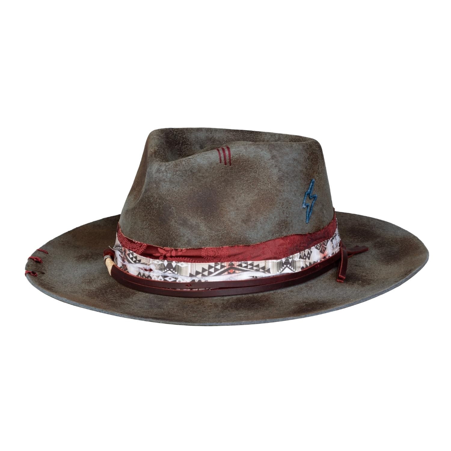 RUEDIGER Vintage Wide Brim Fedora Hats 100% Wool Stiff Felt Hat Rancher Hat with Lightning Logo Handmade Distressed/Burned