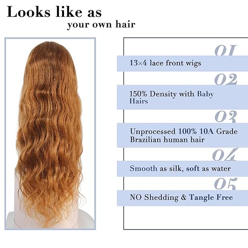 Miniatura 2 de Miz Barn Pelucas de cabello humano ondulado con encaje frontal, nudos blanqueados previamente despuntados con abuelitos, sin pegamento, 13 × 4,