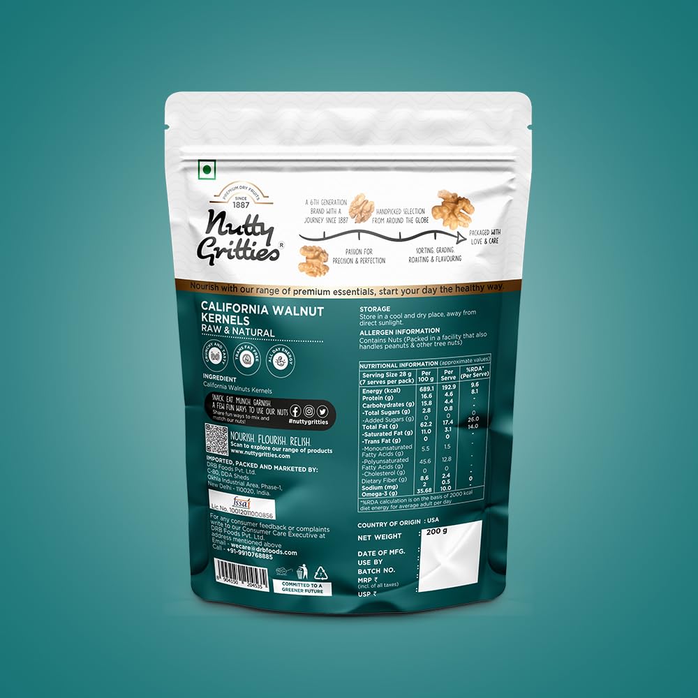 Nutty Gritties Jądra orzecha kalifornijskiego bez skorupy 200 g, do porannego spożycia suszone owoce, bogate w kwasy omega-3 | zamykana torebka