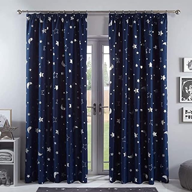Dreamscene Galaxy Star Thermal Blackout Curtains Pair of Pencil Pleat Metallic Moon Panels - Navy Blue - 46 wide x 54 drop