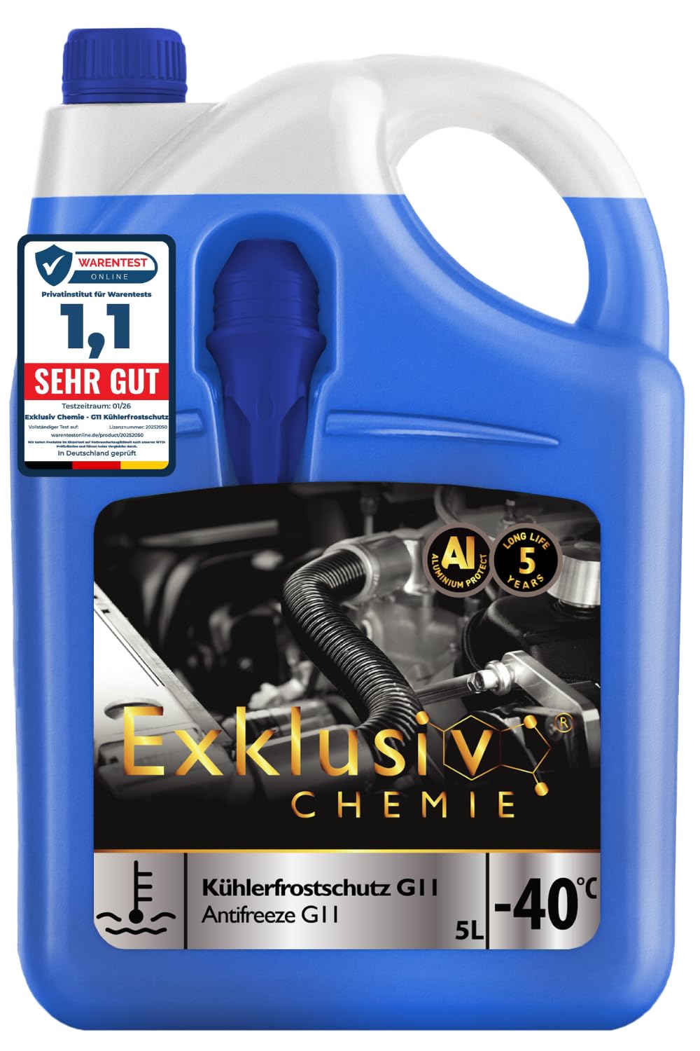 Exklusiv Chemie G11 Kühlerfrostschutz bis -40° – 5 Liter – 5 Jahre | Kühlflüssigkeit Auto | G11 Kühlmittel Auto Blau | Gebrauchsfertig | inkl. Einfüllhilfe