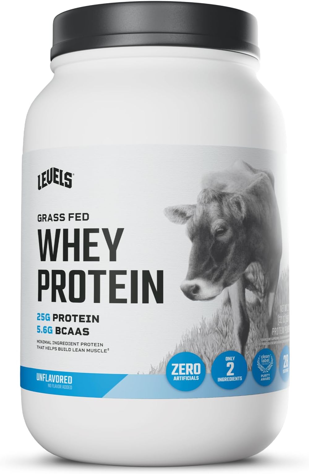 Levels Grass Fed Whey Protein Powder, No Artificials, 25G of Protein, Unflavored, 2LB