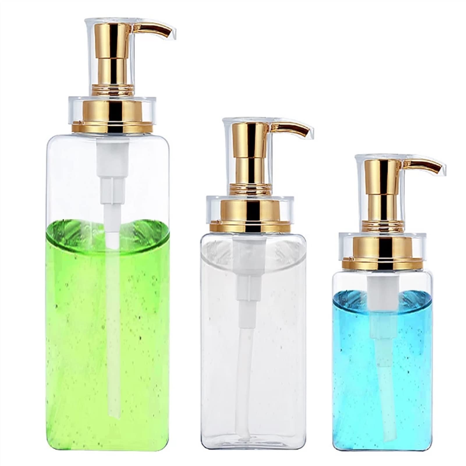 ZWMG Dosificador Jabon 300/500 / 750ml Dispensador de jabón Transparente Cuadrado Botella Recargable con Bomba de Oro Loción Loción Jabón de jabón Contenedor de acondicionador dispensador champú