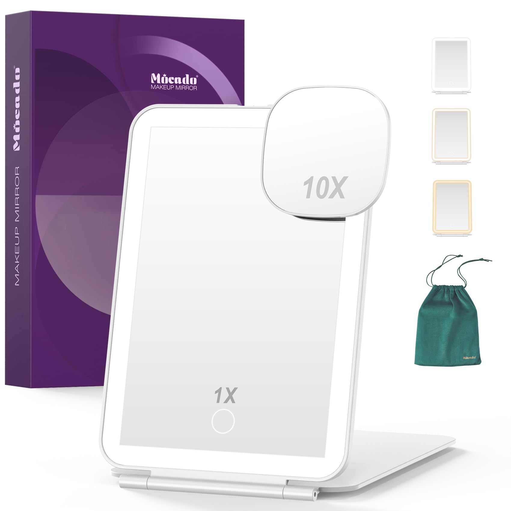 Mocado White Rechargeable Travel Makeup Mirror With 72 Led Lights, 1X/10X Magnifying Makeup Mirror With 3 Colors Lights, Tabletop Folding Mirrors For Travel, Touch Screen, Cosmetic