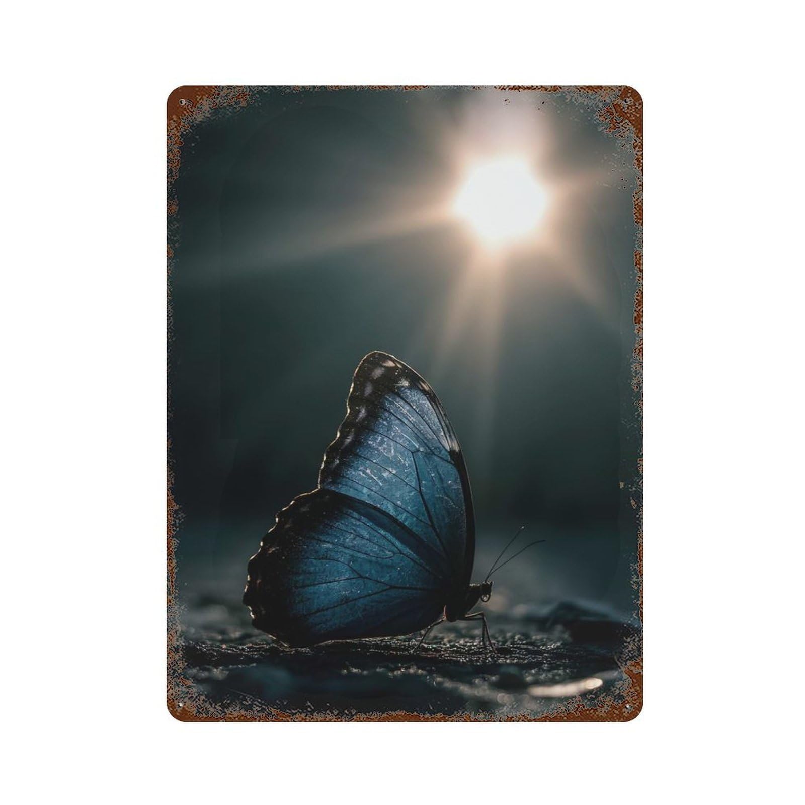 Blue Butterfly in Sunlight Decorative Tin Sign 15.7"x11.8", Rustic Home Decor for Garage, Pub Or Kitchen