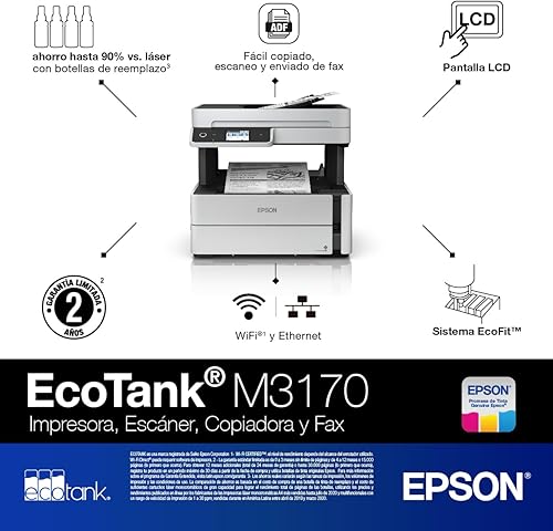 Miniatura 2 de Epson EcoTank ET-M3170 Impresora inalámbrica monocromática todo en uno Supertank con ADF, fax y Ethernet PLUS 2 años de tinta ilimitada*, color