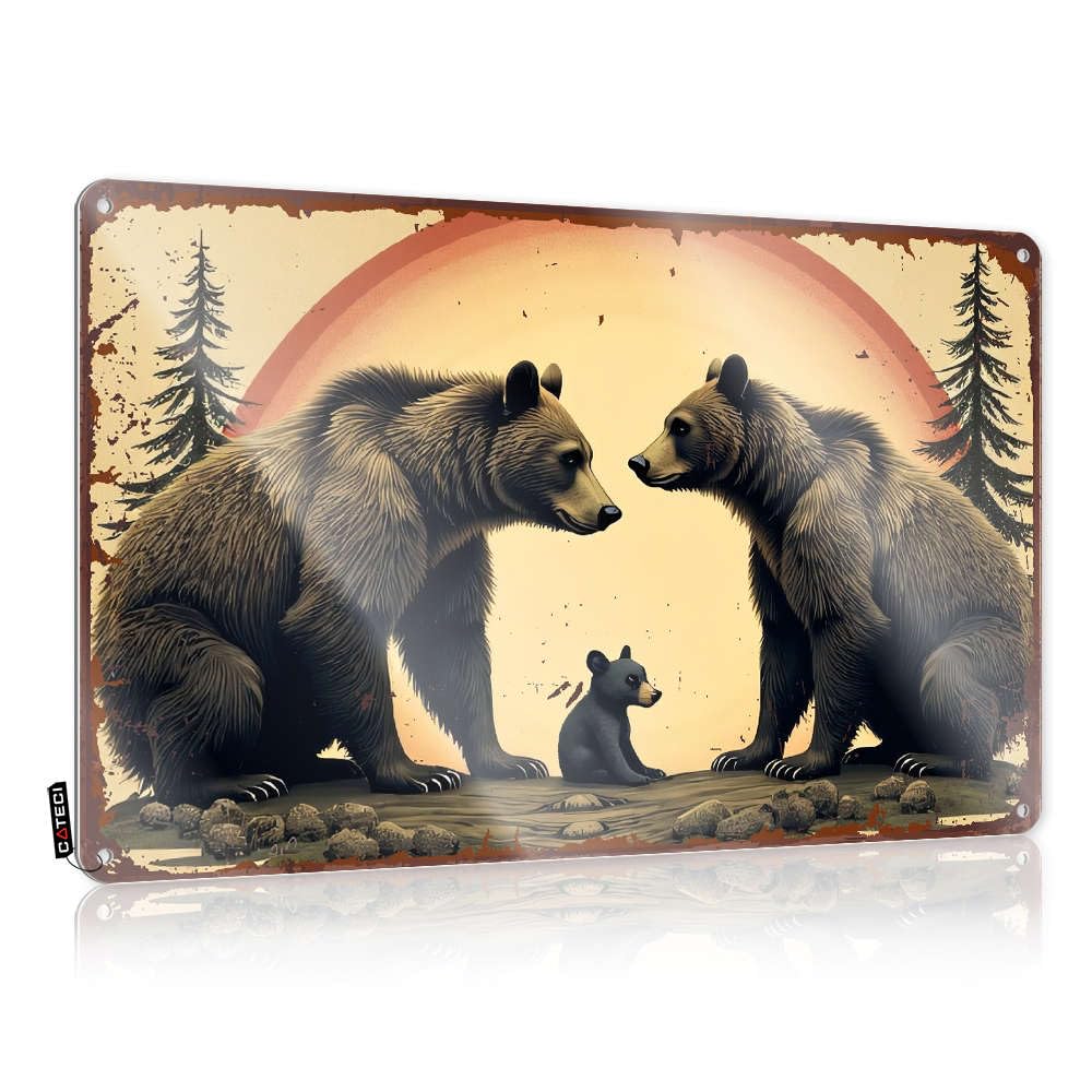 Art Artwork Custom Tin Sign, Gift For Biker Fade Resistant Two Adult Bears And One Cub In Front Of A Forest. For Home Kitchen | Sleek Vintage Decor For Cave Party(30X40CM)