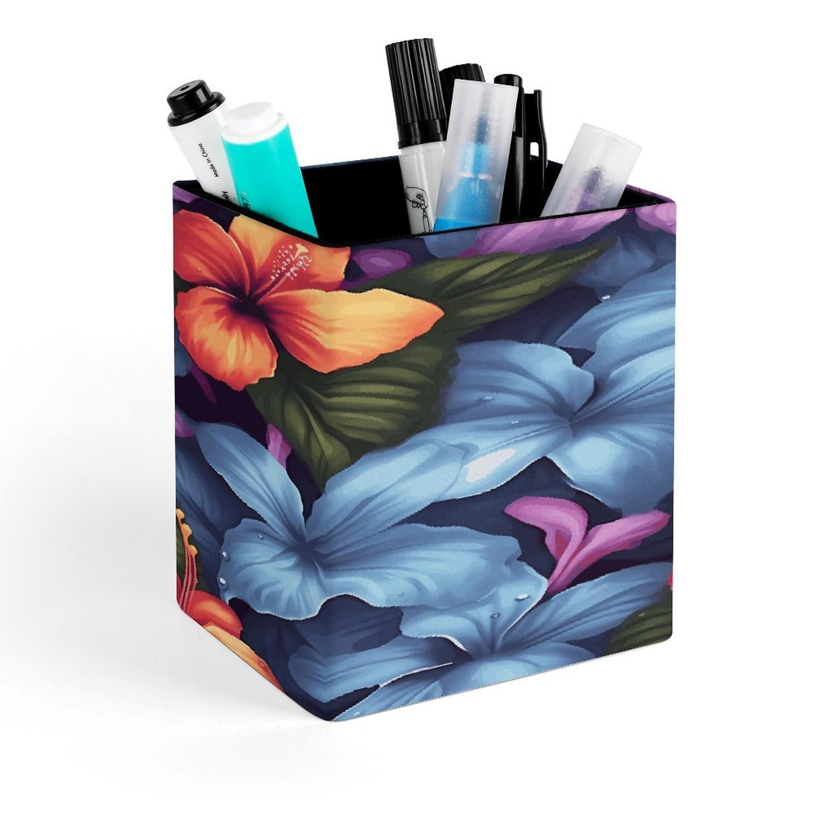 FekiLoot Tropical Floral Pen Holder Personalized Desktop Pencil Holders Case Office Accessories Container Box for Square Pen Cup Desktop Organizer Makeup Brush Holder Caddy Storage
