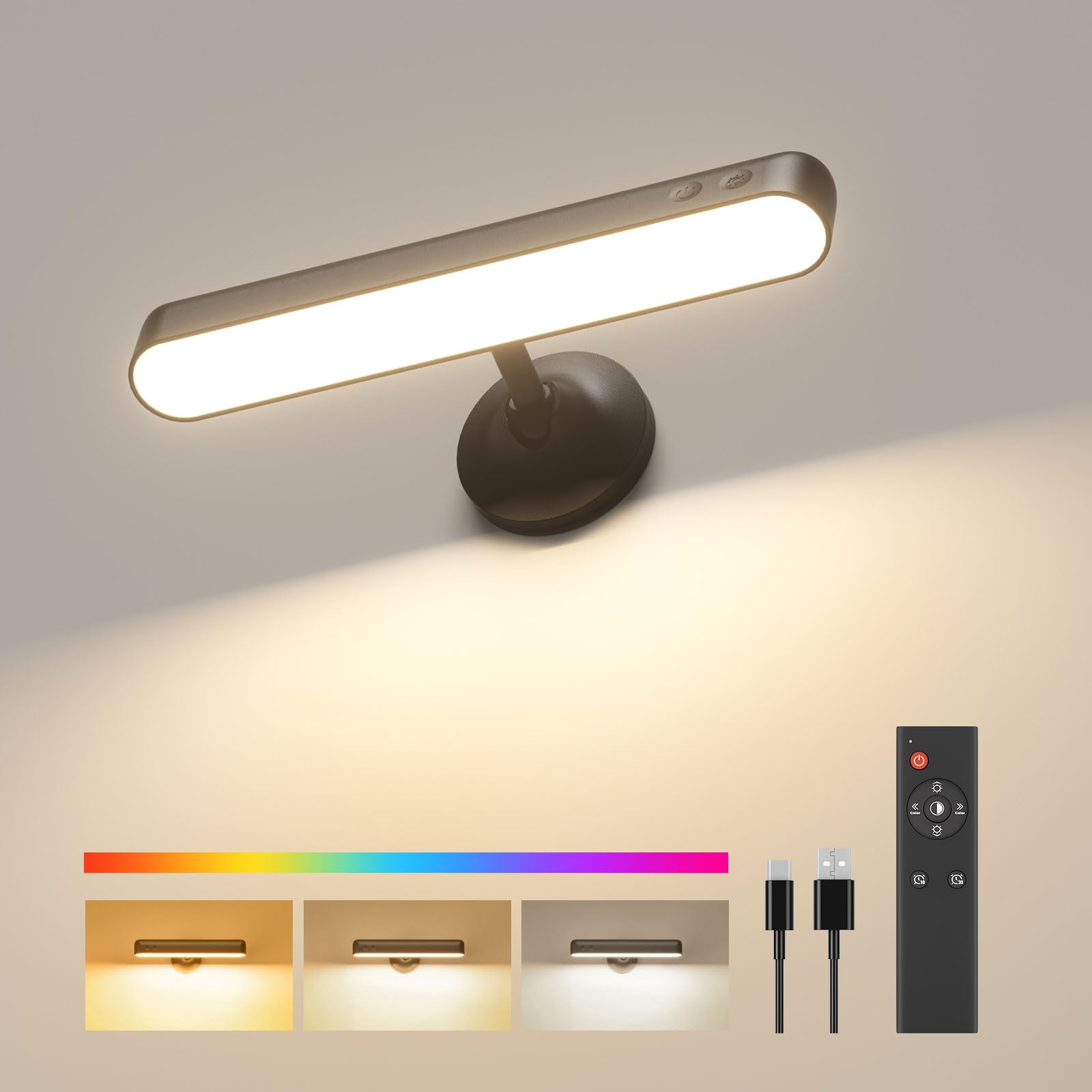 Wandleuchte mit 7500 mAh wiederaufladbarem Akku, LED-Wandleuchte für Schlafzimmer mit Fernbedienung, 3 Farben, kabellose Wandlampe, 360° drehbar, dimmbar, Helligkeit mit 15 RGB-Farben, 1 Pack