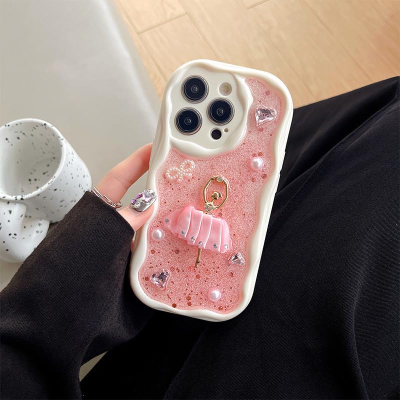Coque iPhone 16 rose de luxe avec motif fille dansante et perles antichoc
