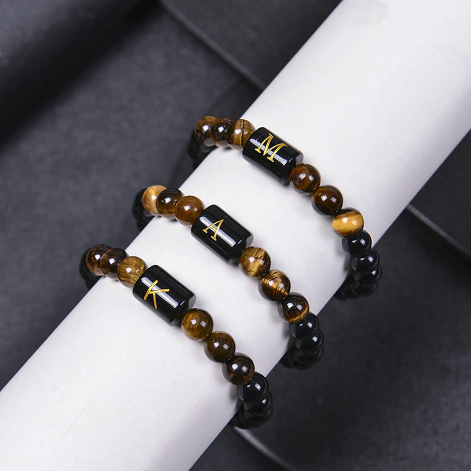 Naturstein-Armband für Damen, Tigerauge-Obsidian-Perlen-Buchstabe AZ-Armband, Stretch-Armbänder für Herren, 16,7 cm
