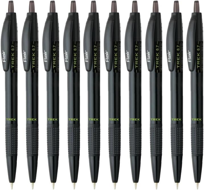 FLAIR Trek Retractable Mechanism 0.7mm Ball Pen with Extra Large Ink Tank Refill | Minimalistic Design Matt Finish Body with Soft Rubber Grip & Elegant Pocketable Clip | Black Ink, Pack Of 10