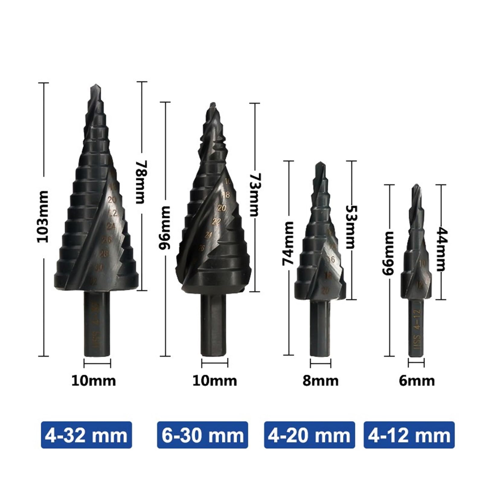 4-12/20/32mm 6-30mm Wiertło stopniowe HSS Frez do otworów stożkowych | Narzędzie do wiercenia w drewnie i metalu, uchwyt trójkątny pokryty azotkiem, stal szybkotnąca