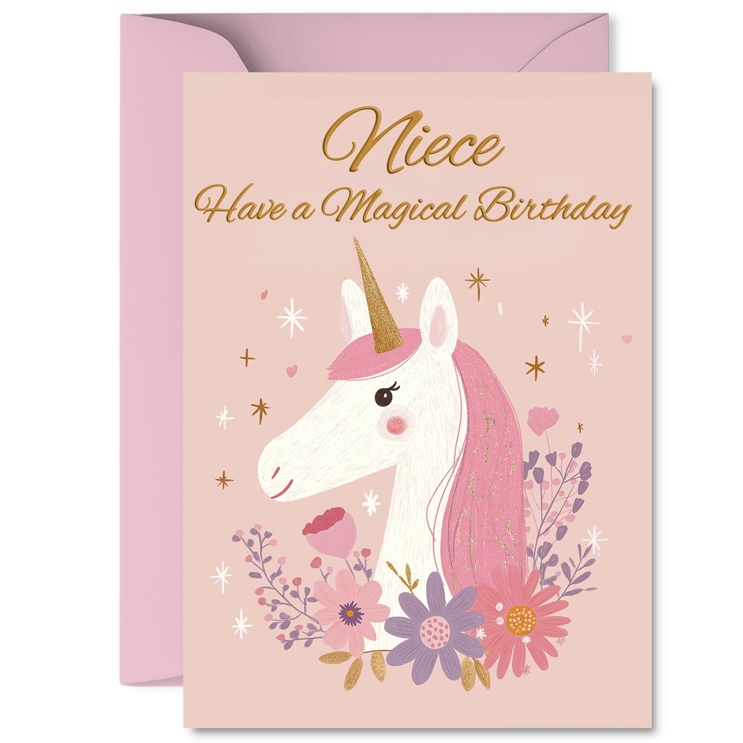 Cute Birthday Card for Niece - Sprinkle Some Sparkle - Whimsical Unicorn and Floral Design in Dreamy Pinks and Gold - 5X7 Inch, Envelope Included
