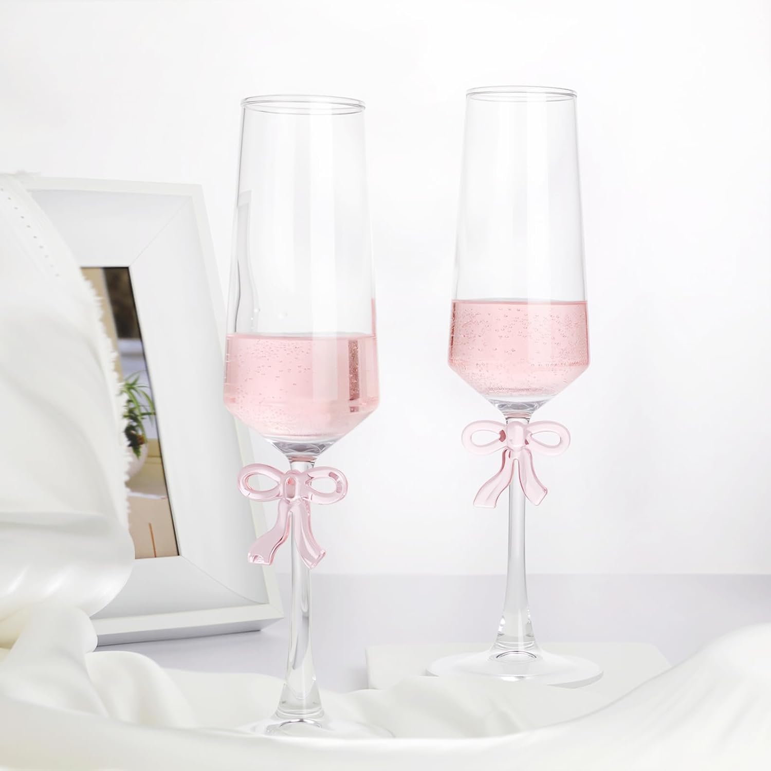 Champagne Glasses Set of 2, 8oz Elegant Crystal Stemmed Champagne Flutes with Pink Bow for Prosecco, Sparkling Wine, Mimosas, Cocktails, Weddings, Anniversaries, Parties