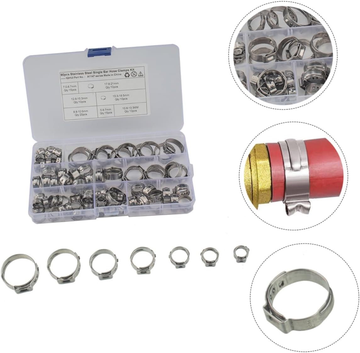 CHILDWEET 130pcs Stainless Steel Hose Clip Worm Drive Clamp Single Ear Hose Clamp for off Road Automotive Industrial Applications