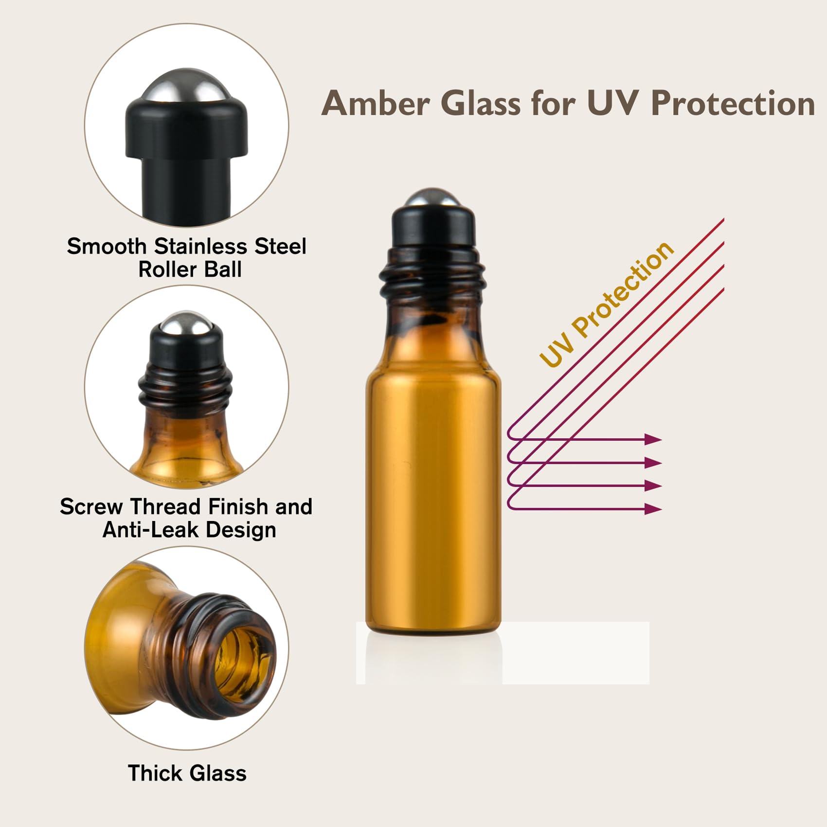 10 bottiglie di vetro Roll On per olio essenziale, 5 ml, mini bottiglie Amber Rollon, vuote con apertura, etichette e pipette, profumo, massaggi