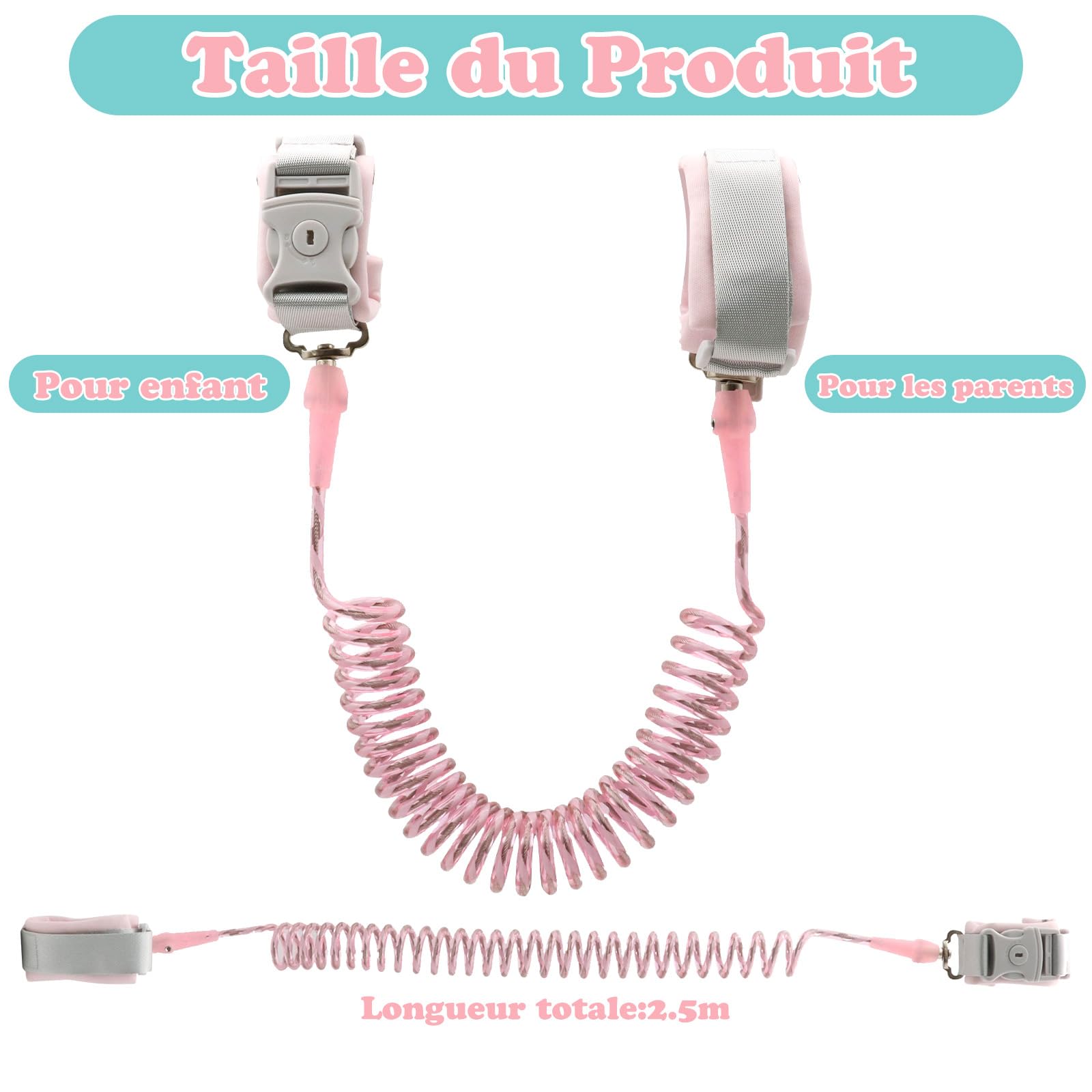 VEGCOO 2 Pcs Laisse Enfant Anti-Perte, 2,5m Harnais Enfant Rotation 360° avec Serrure à Clé, Bracelet Securite Enfant Réfléchissante en Silicone pour l'Extérieur, Supermarché, Voyages (Rose et Vert)
