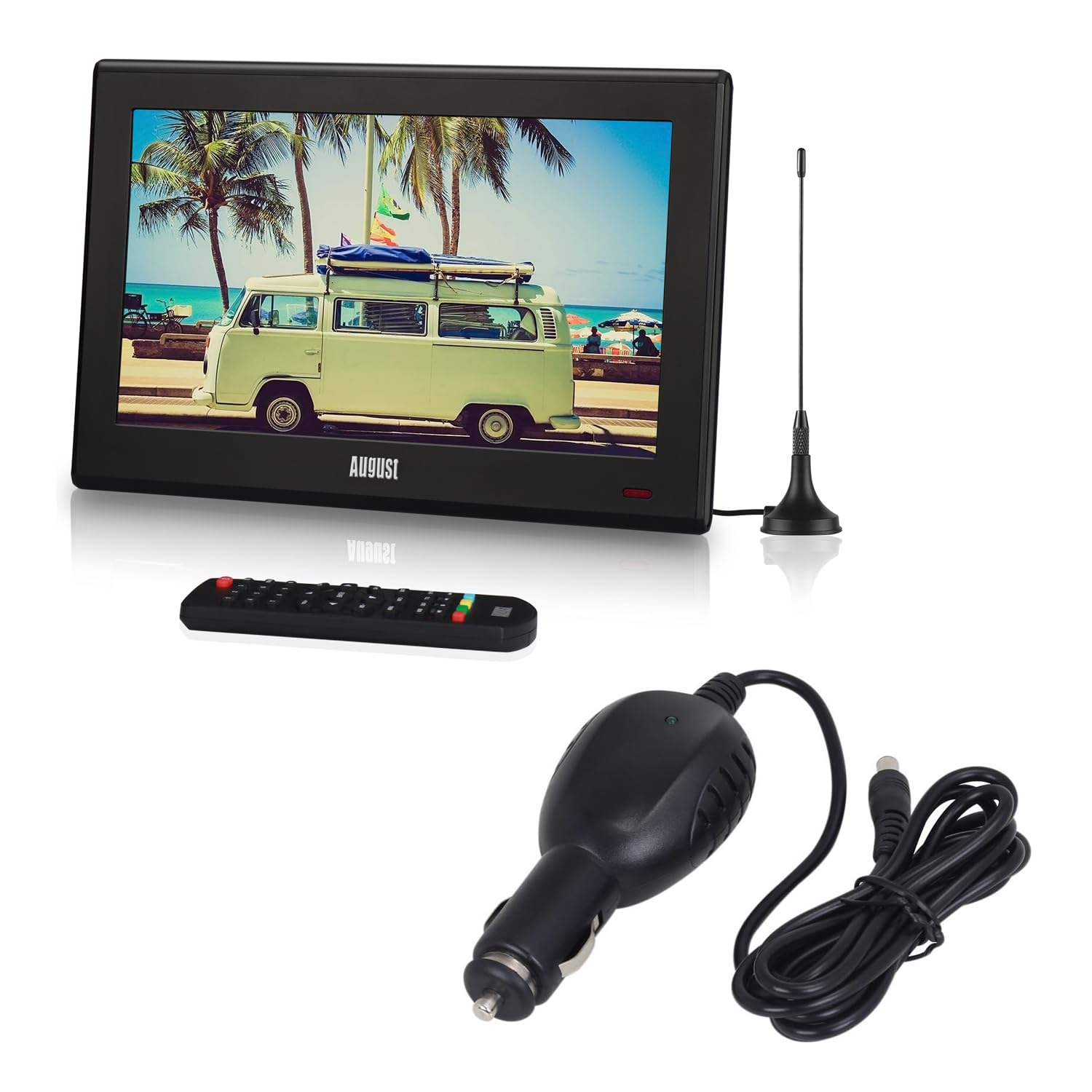 August DA100D TV Portátil TDT + Cargador de Coche, Mini Televisión Digital con Red, Batería o 12v, DVB-T / T2 HDM USB Jack 3.5, Tele LED y Grabación, Salón Dormitorio Cocina Coche Camión Caravana