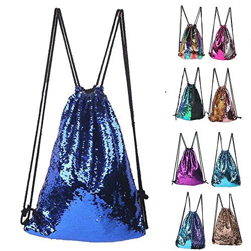 Glitter Sequins Backpack Drawstring Backpack Sackpack Bling Shining Bag Shoulder Bag (Blue Silver)