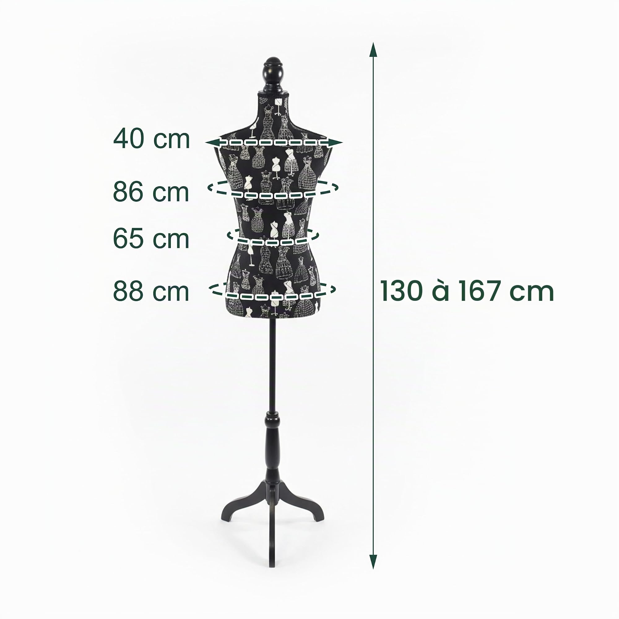 Mannequin de Couture Relaxdays, Femme, Taille 36/38, réglable en Hauteur 130–167 cm, Pied en Bois, Noir/crème
