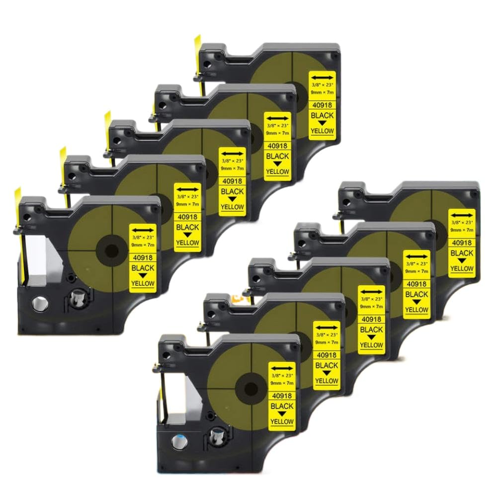 10PK 40913 Nastro per etichette da 9 mm nero su bianco compatibile con i modelli di etichettatrici D1 LabelPoint Label Manager 160 280 420P per codice articolo 40913(Black on Yellow)