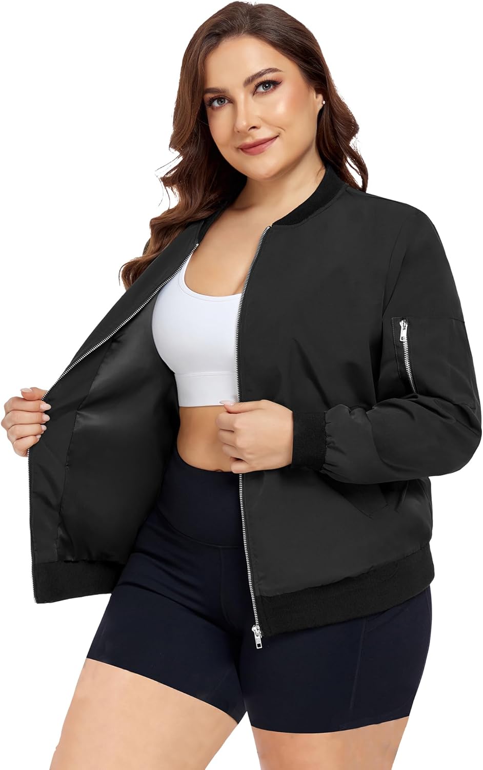 FOREYOND Women's Plus Size Bomber Jacket Zip Up Lightweight Coat Casual Cropped Windbreaker Outwear with Pockets - Image 4