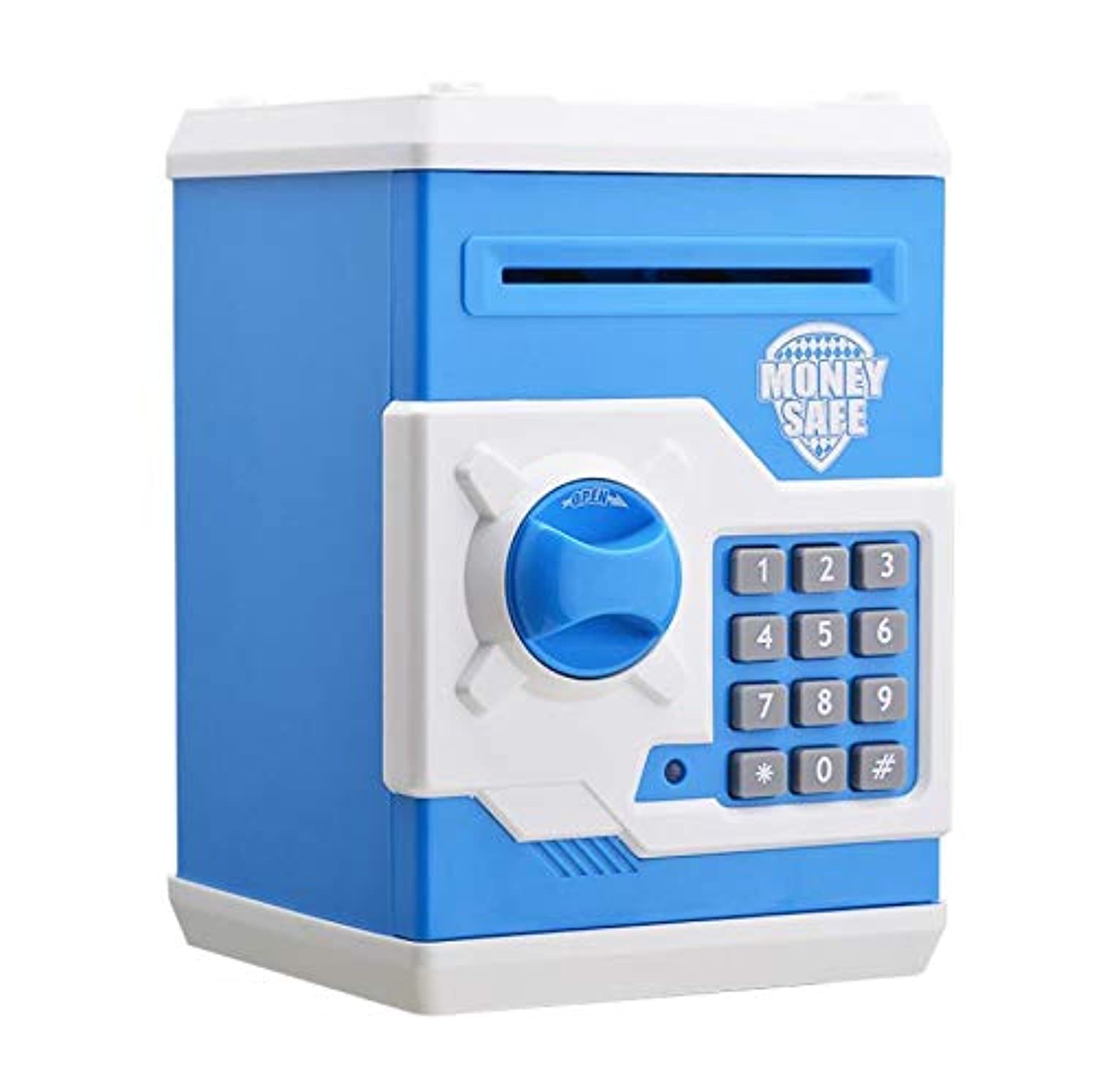 Piggy Bank Mini Atm Money Safe Box Safety Electronic Password Chewing Coins Cash Deposit Machine for Children blue and white
