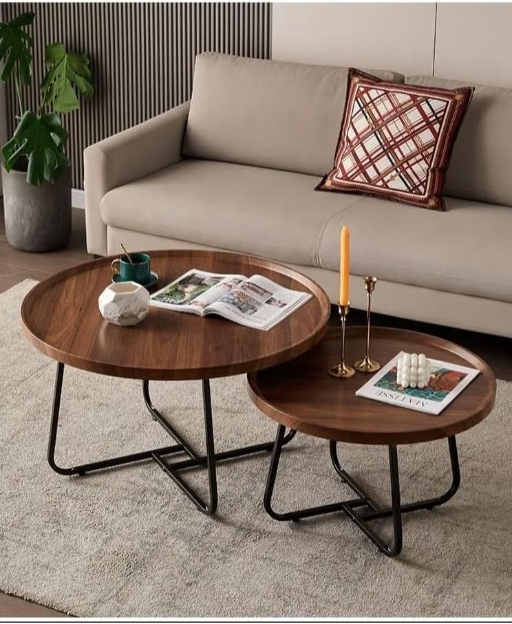 Set of 2 nesting coffee table, wooden walnut coffee table, rustic coffee Table mid-century, modern round coffee tables center table for living room bedroom office furniture easy assembly, 50CM+70CM