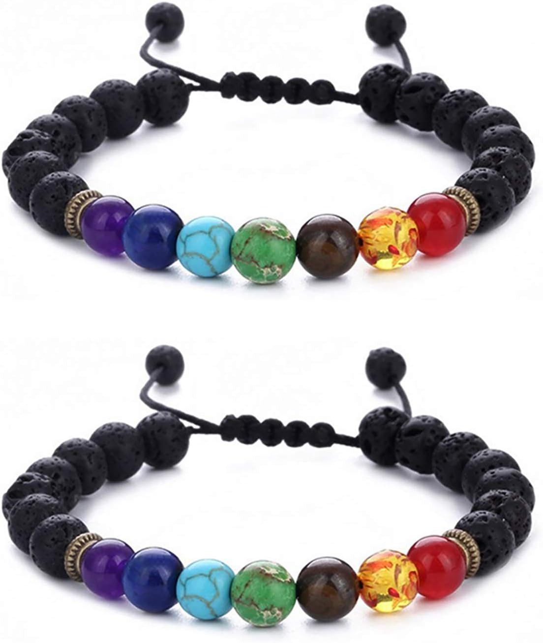 BESKIT Men Women 8mm Lava Rock 7 Chakra Aromatherapy Essential Oil Diffuser Bracelet (2 pcs Black lava chakra)