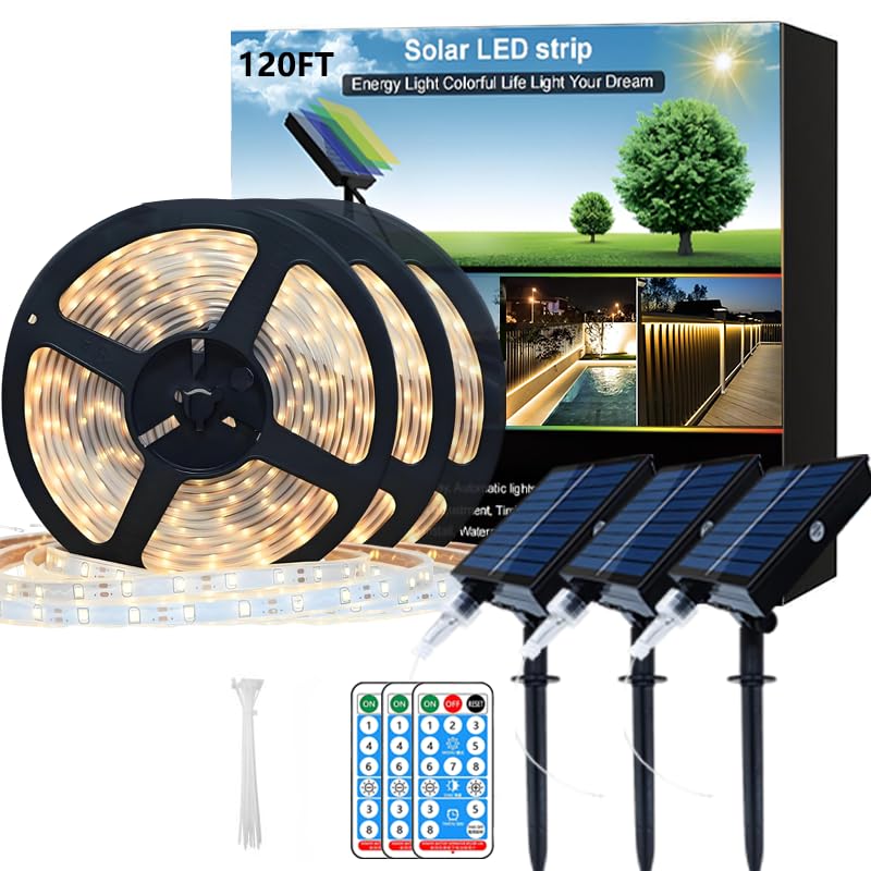 Meewata Solar Strip Lights Outdoor Wasserdicht IP67, 39.37FT 336 LED Band Lichter für Außen, 3er Set, 8 Modus, USB und Solarbetrieben mit Fernbedienung für Hof, Zaun, Rasen Warmweiß