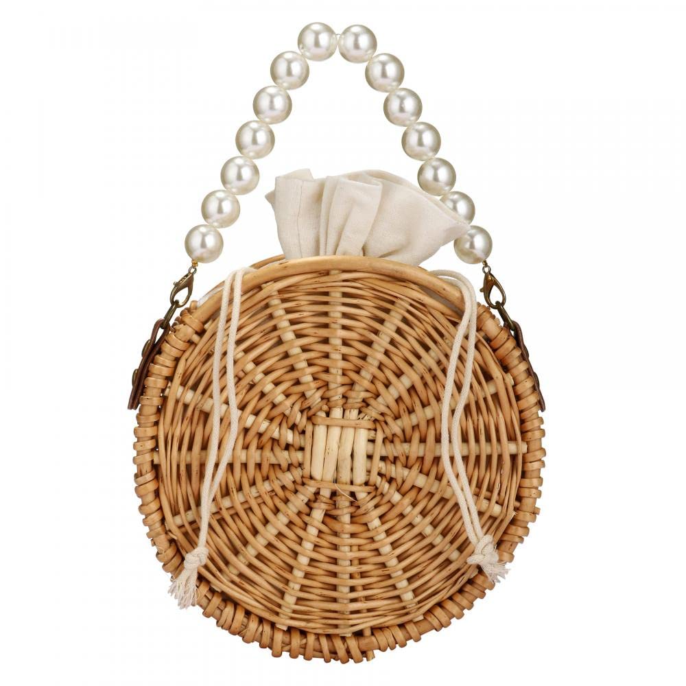 Beach Bag Purse for Women, Natural Hand-woven Rectangular Wicker Handbag, Pearl Basket Purse, Retro Summer Straw Tote Bag (Round)