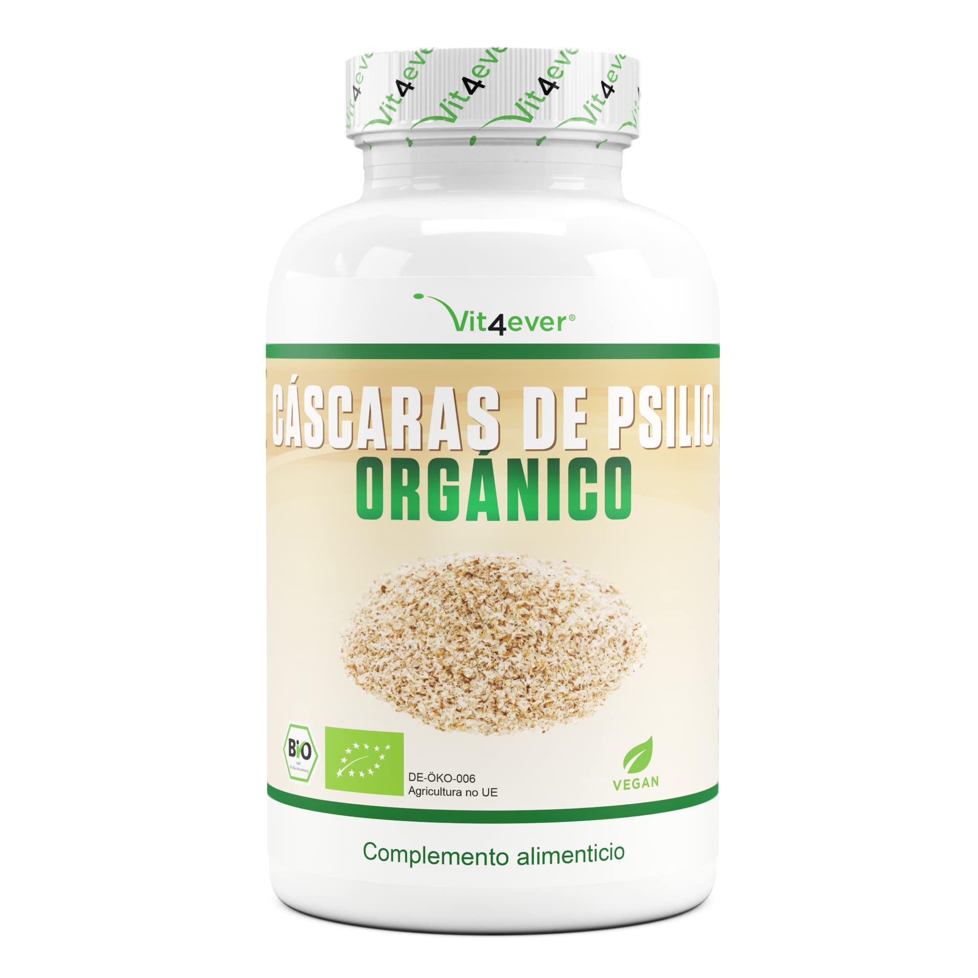 Cáscaras de psyllium orgánico - 365 cápsulas veganas - 3000 mg por dosis diaria - Premium: 100% psyllium orgánico de la India, 99+% de pureza, finamente molido - Cultivado de forma sostenible