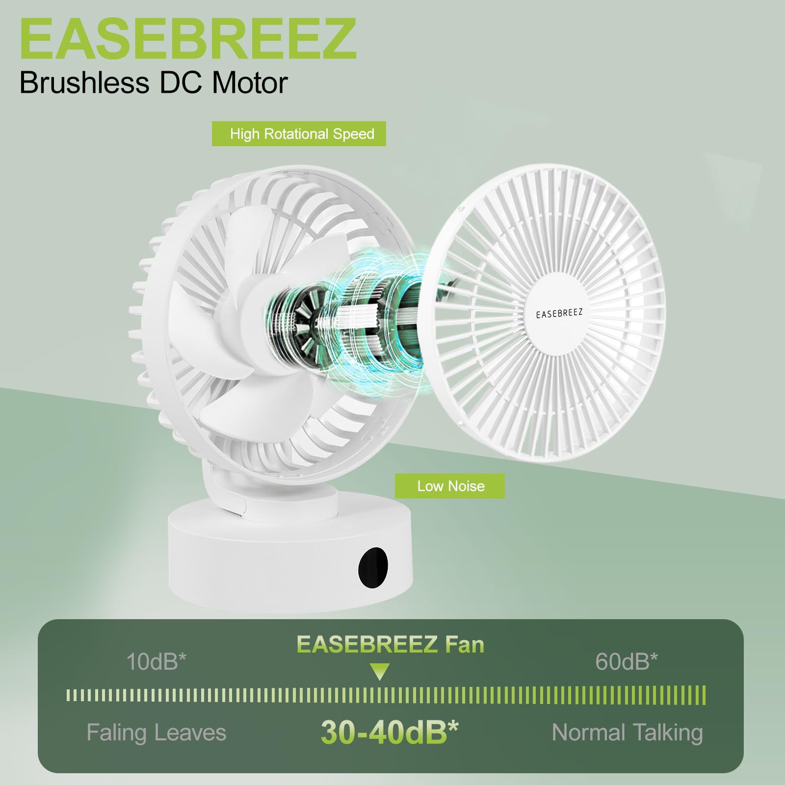 Ventilatore da tavolo, ventola piccola Funzionamento silenzioso, ventola USB leggera, ricarica tramite porta USB, display a LED, 5 impostazioni di velocità, inclinazione regolabile, bianco